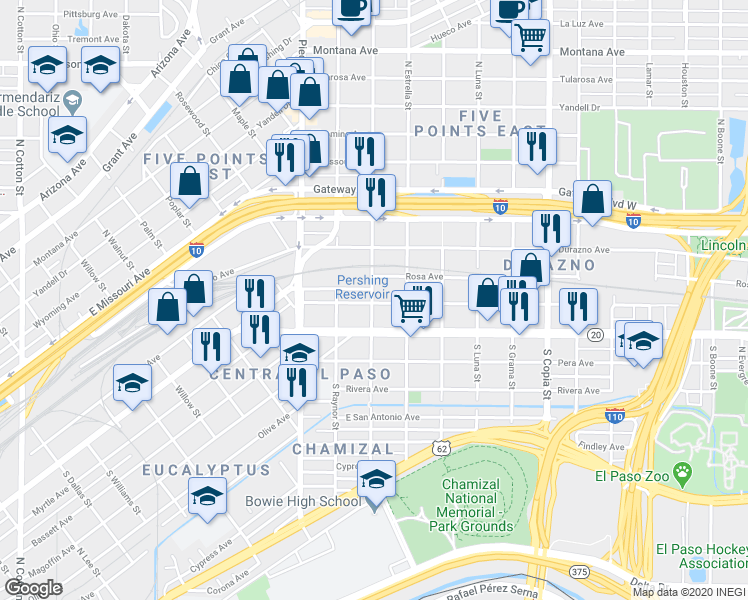 map of restaurants, bars, coffee shops, grocery stores, and more near 3107 Frutas Avenue in El Paso