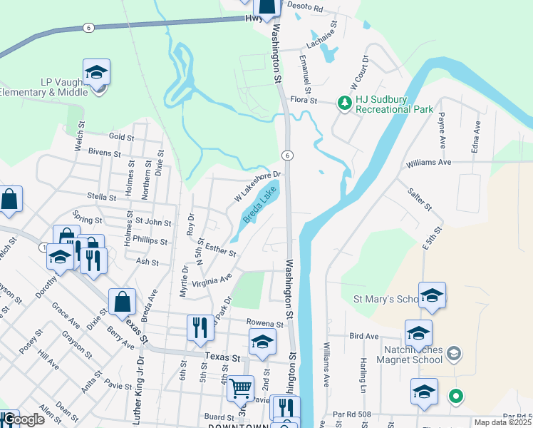 map of restaurants, bars, coffee shops, grocery stores, and more near 1320 Virginia Avenue in Natchitoches