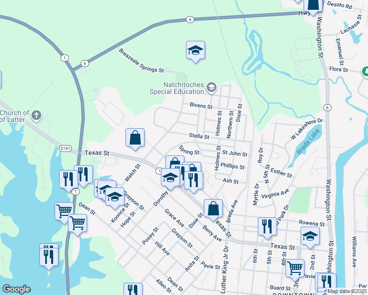 map of restaurants, bars, coffee shops, grocery stores, and more near 1526 Spring Street in Natchitoches
