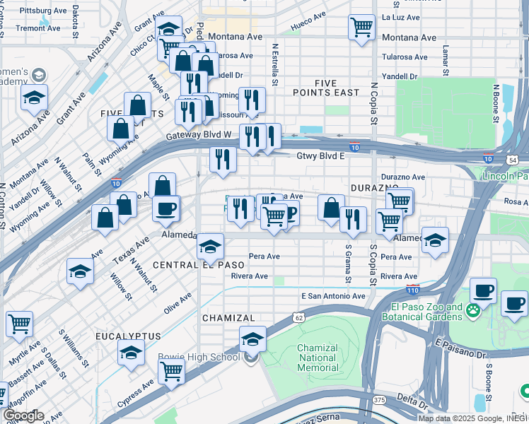 map of restaurants, bars, coffee shops, grocery stores, and more near 3107 Frutas Avenue in El Paso