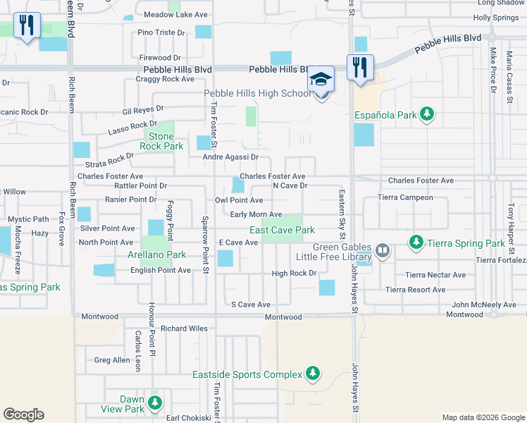 map of restaurants, bars, coffee shops, grocery stores, and more near 14326 Early Morn Avenue in El Paso