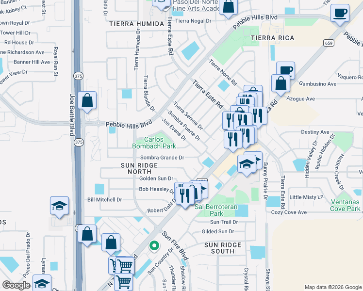 map of restaurants, bars, coffee shops, grocery stores, and more near 12468 Sombra Alegre Drive in El Paso
