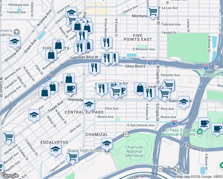 map of restaurants, bars, coffee shops, grocery stores, and more near 3107 Frutas Avenue in El Paso