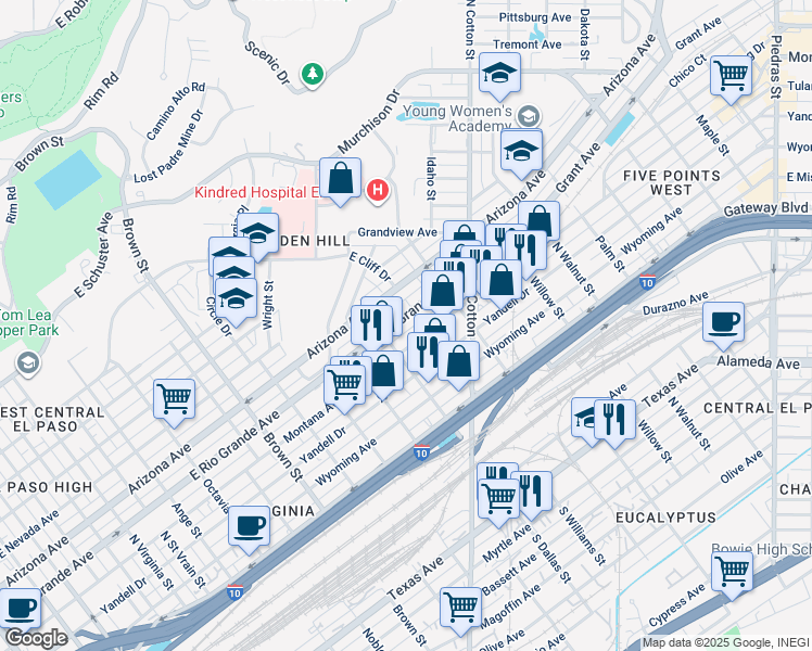 map of restaurants, bars, coffee shops, grocery stores, and more near 1713 Montana Avenue in El Paso