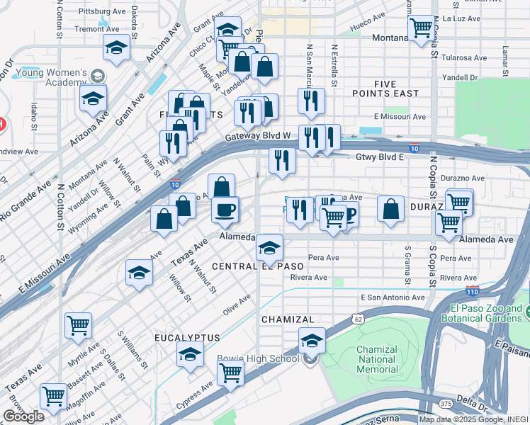 map of restaurants, bars, coffee shops, grocery stores, and more near 2910 Frutas Avenue in El Paso