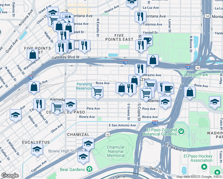 map of restaurants, bars, coffee shops, grocery stores, and more near 3307 Frutas Avenue in El Paso