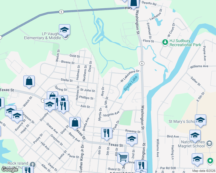 map of restaurants, bars, coffee shops, grocery stores, and more near 1301-1399 Roy Dr in Natchitoches