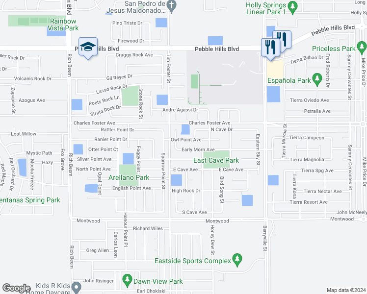 map of restaurants, bars, coffee shops, grocery stores, and more near 14309 Early Morn Avenue in El Paso