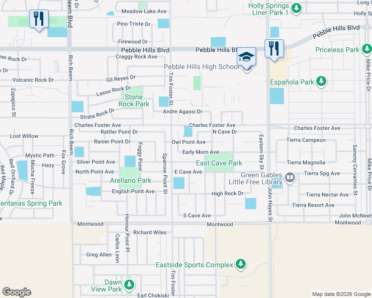 map of restaurants, bars, coffee shops, grocery stores, and more near 14309 Early Morn Avenue in El Paso
