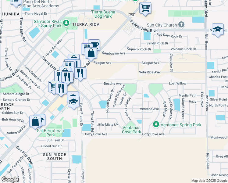 map of restaurants, bars, coffee shops, grocery stores, and more near 3172 Hidden Valley Drive in El Paso