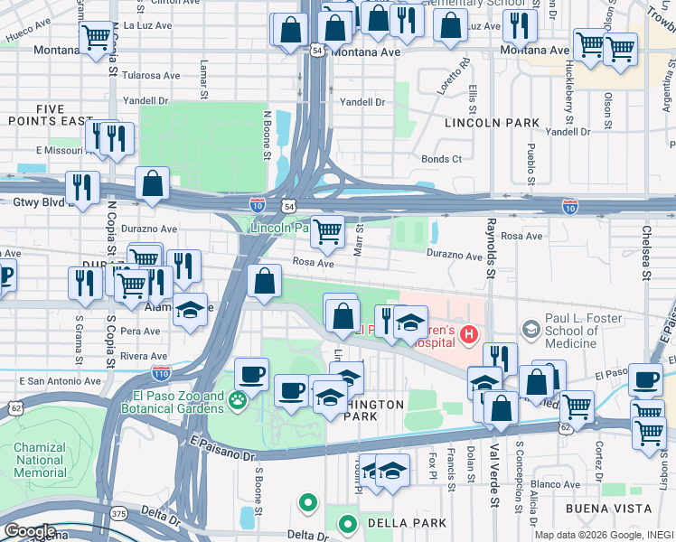 map of restaurants, bars, coffee shops, grocery stores, and more near 4316 Rosa Avenue in El Paso