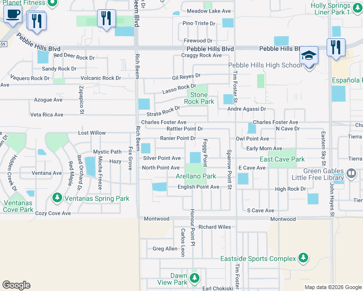 map of restaurants, bars, coffee shops, grocery stores, and more near 14226 Otter Point Court in El Paso