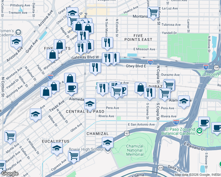 map of restaurants, bars, coffee shops, grocery stores, and more near 3119 Frutas Avenue in El Paso