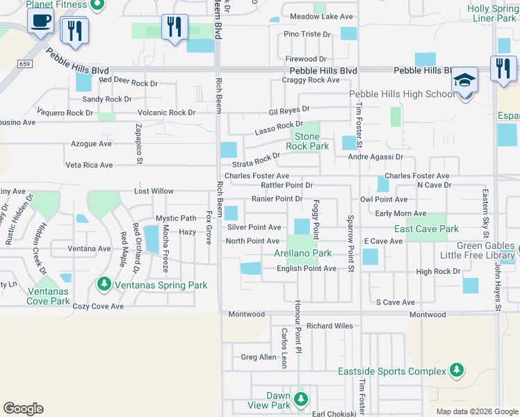 map of restaurants, bars, coffee shops, grocery stores, and more near 14206 Otter Point Court in El Paso