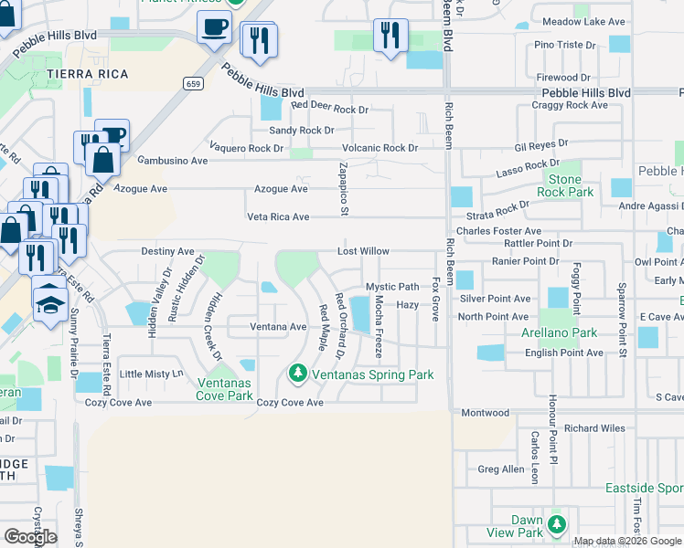 map of restaurants, bars, coffee shops, grocery stores, and more near 13100 Round Ridge in El Paso