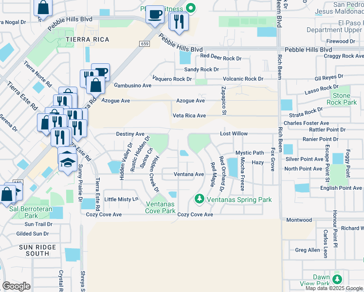 map of restaurants, bars, coffee shops, grocery stores, and more near 3207 Spring Willow in El Paso