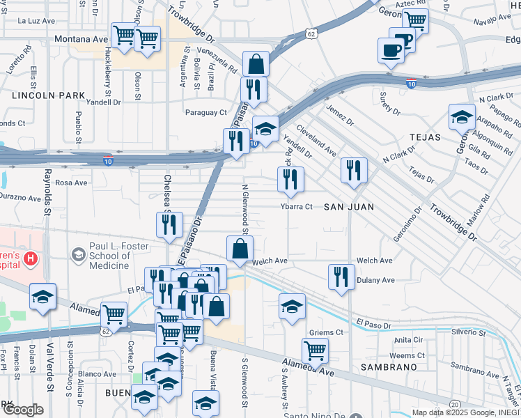 map of restaurants, bars, coffee shops, grocery stores, and more near 5709 Dailey Avenue in El Paso