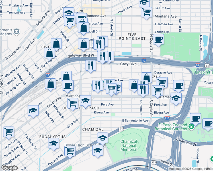 map of restaurants, bars, coffee shops, grocery stores, and more near 3107 Frutas Avenue in El Paso
