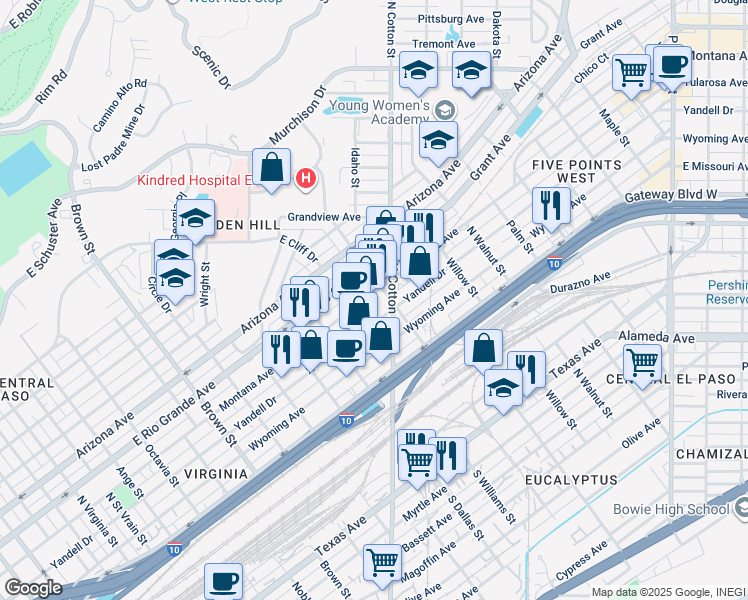 map of restaurants, bars, coffee shops, grocery stores, and more near 1808 Montana Avenue in El Paso