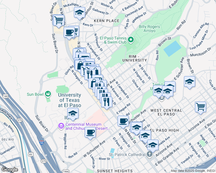map of restaurants, bars, coffee shops, grocery stores, and more near 2201 North Kansas Street in El Paso