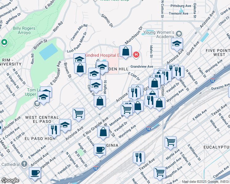 map of restaurants, bars, coffee shops, grocery stores, and more near 1621 Golden Hill Terrace in El Paso