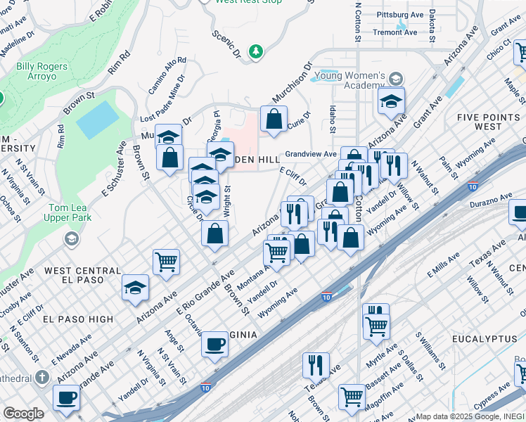 map of restaurants, bars, coffee shops, grocery stores, and more near 1621 Golden Hill Terrace in El Paso