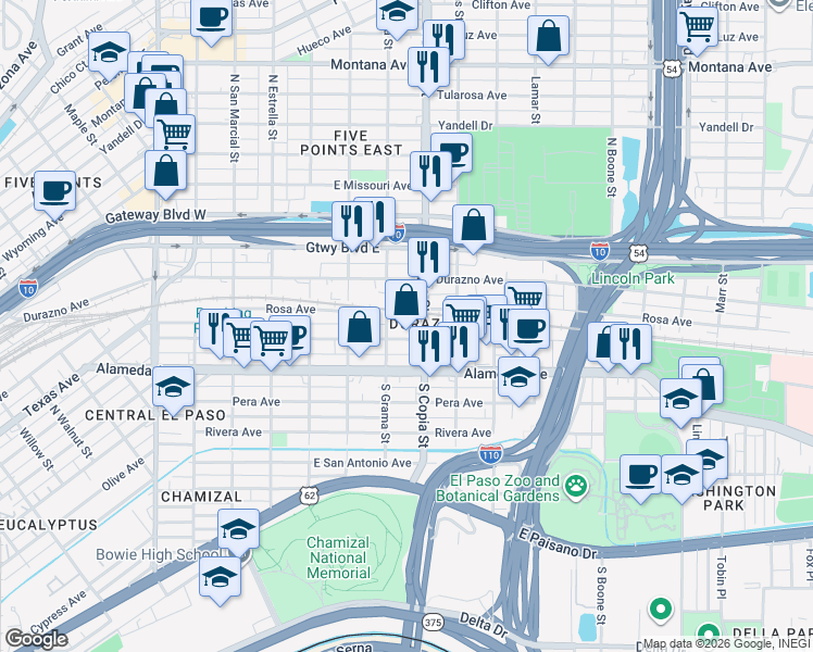 map of restaurants, bars, coffee shops, grocery stores, and more near 3506 Frutas Avenue in El Paso