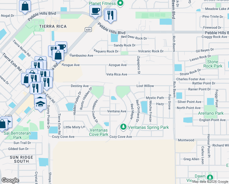 map of restaurants, bars, coffee shops, grocery stores, and more near 3207 Spring Willow in El Paso