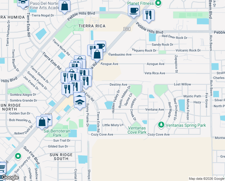 map of restaurants, bars, coffee shops, grocery stores, and more near 12744 Velvet Willow Drive in El Paso
