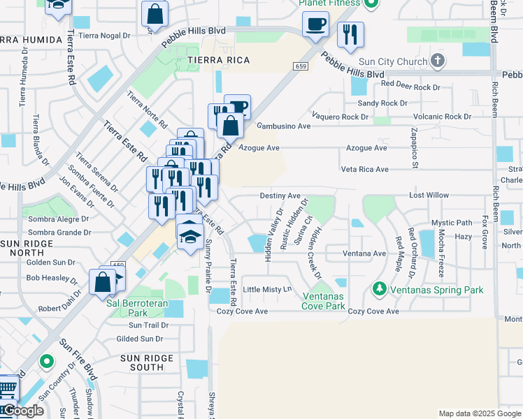 map of restaurants, bars, coffee shops, grocery stores, and more near 12744 Velvet Willow Drive in El Paso