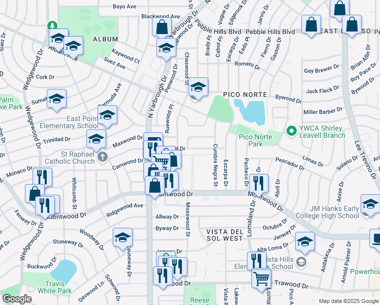 map of restaurants, bars, coffee shops, grocery stores, and more near 10501 Montwood Drive in El Paso