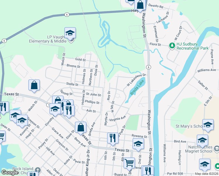 map of restaurants, bars, coffee shops, grocery stores, and more near 1399 Roy Dr in Natchitoches