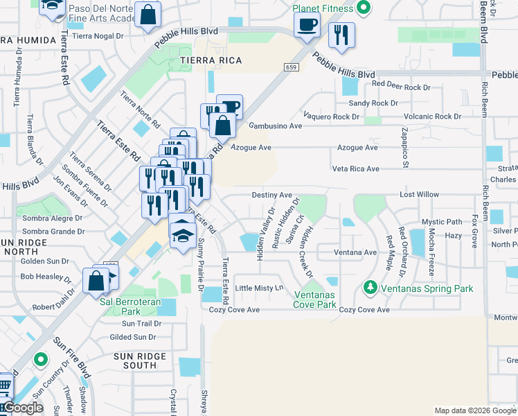 map of restaurants, bars, coffee shops, grocery stores, and more near 12744 Velvet Willow Drive in El Paso