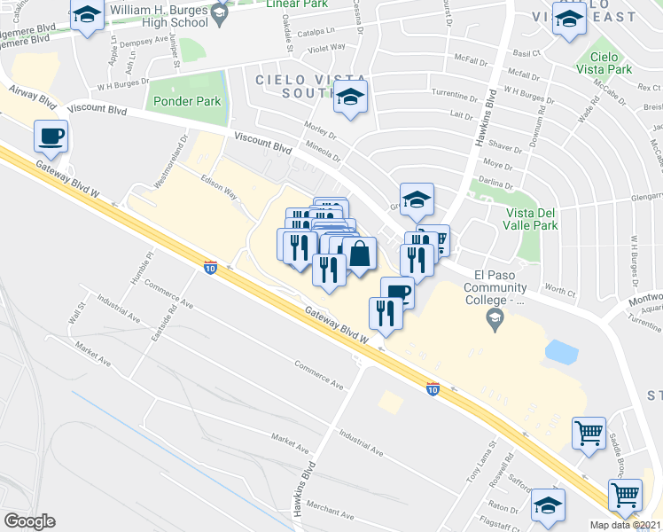 map of restaurants, bars, coffee shops, grocery stores, and more near 8401 Gateway Boulevard West in El Paso
