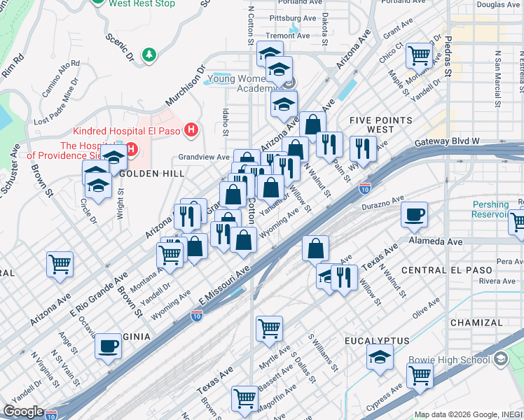 map of restaurants, bars, coffee shops, grocery stores, and more near 1904 Yandell Drive in El Paso