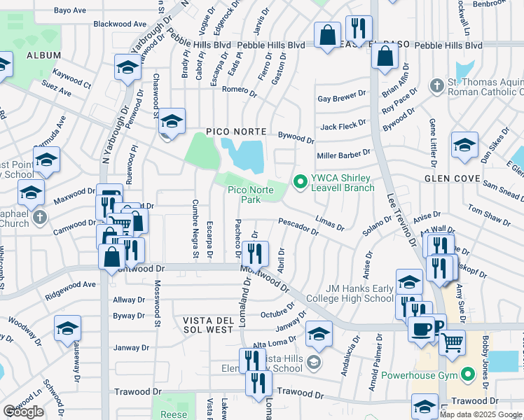 map of restaurants, bars, coffee shops, grocery stores, and more near 2213 Enero Drive in El Paso
