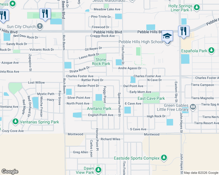 map of restaurants, bars, coffee shops, grocery stores, and more near 14264 Pine Point Court in El Paso