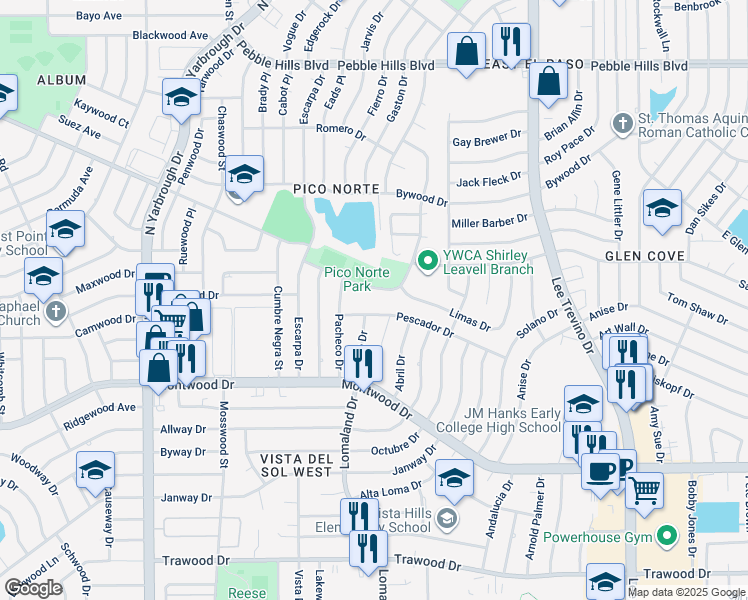 map of restaurants, bars, coffee shops, grocery stores, and more near 2213 Enero Drive in El Paso