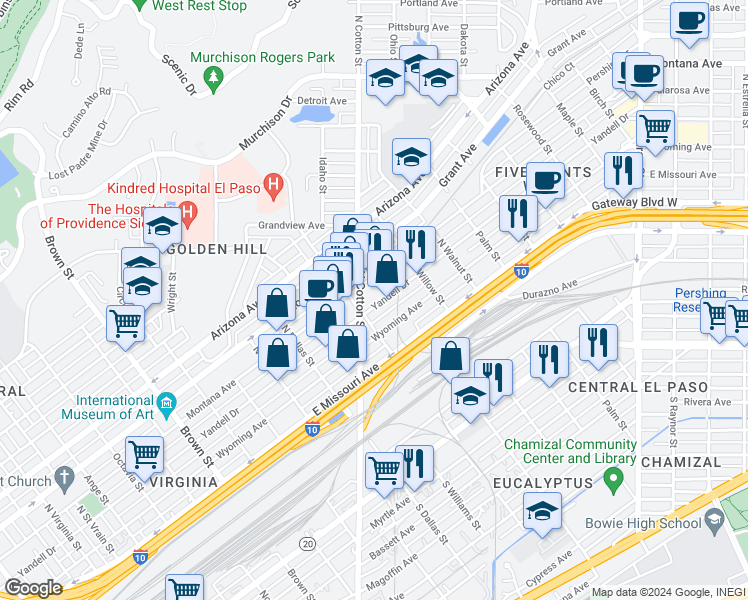 map of restaurants, bars, coffee shops, grocery stores, and more near 1904 Yandell Drive in El Paso