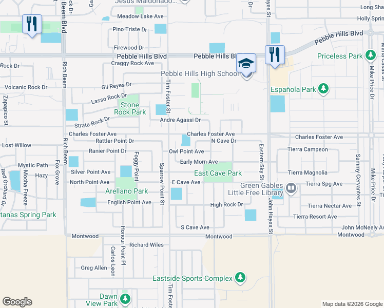 map of restaurants, bars, coffee shops, grocery stores, and more near 14318 Owl Point Avenue in El Paso