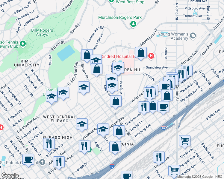 map of restaurants, bars, coffee shops, grocery stores, and more near 1300 Circle Drive in El Paso