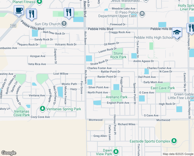 map of restaurants, bars, coffee shops, grocery stores, and more near 14202 Ranier Point Drive in El Paso