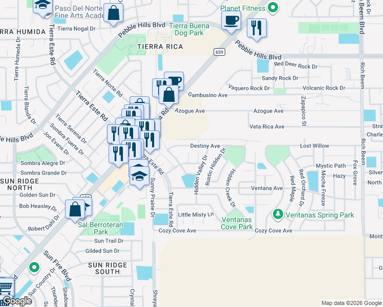 map of restaurants, bars, coffee shops, grocery stores, and more near 12744 Velvet Willow Drive in El Paso