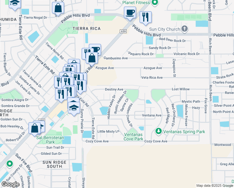 map of restaurants, bars, coffee shops, grocery stores, and more near 3178 Hidden Valley Drive in El Paso