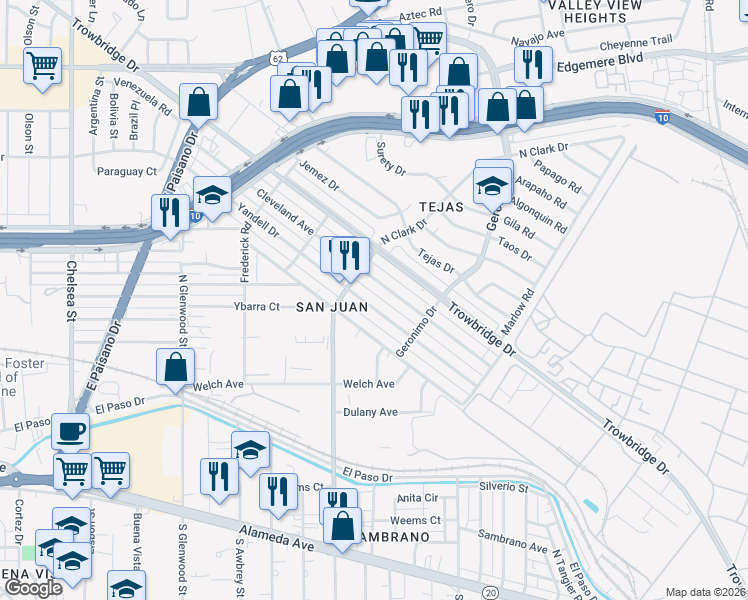 map of restaurants, bars, coffee shops, grocery stores, and more near 6125 Tampa Avenue in El Paso