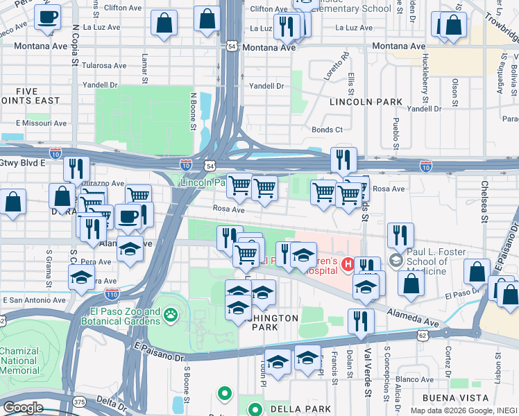 map of restaurants, bars, coffee shops, grocery stores, and more near 4316 Rosa Avenue in El Paso