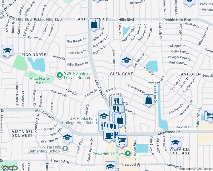 map of restaurants, bars, coffee shops, grocery stores, and more near 2316 Anise Drive in El Paso