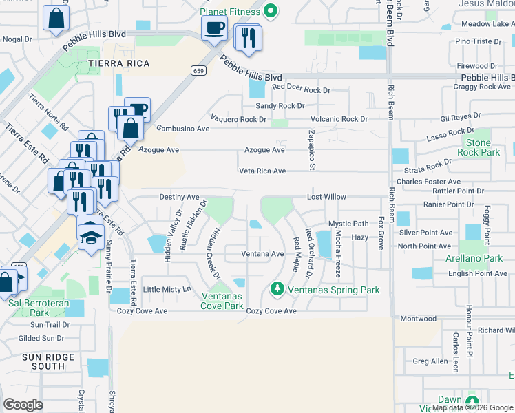 map of restaurants, bars, coffee shops, grocery stores, and more near 3207 Spring Willow in El Paso
