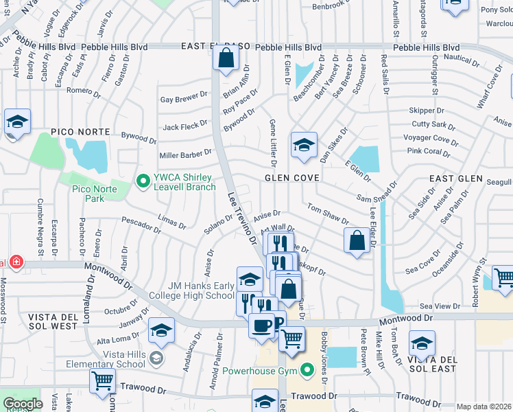 map of restaurants, bars, coffee shops, grocery stores, and more near 2316 Anise Drive in El Paso
