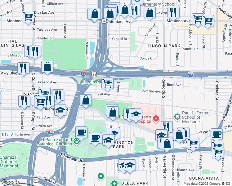 map of restaurants, bars, coffee shops, grocery stores, and more near 4316 Rosa Avenue in El Paso